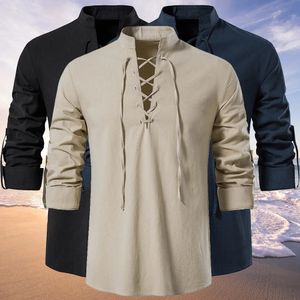 Loose Cotton and Linen Shirt Mens Tshirt Standup Collar Casual Half Cardigan Beach Holiday 240119