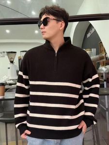 Men's Sweaters 2024 Winter Half-Zip Men Korean Fashion Long Sleeve Striped Loose Pullovers Heavyweight Thick Warm Knit Tops Sweter