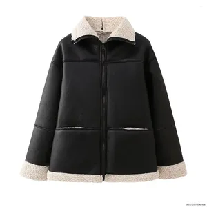 Women's Jackets 2024 Bomber Jacket Fur Liner Autumn Winter Female Warm Faux Wool Patchwork Lapel Zipper Coat Casual Long Sleeve Outwear