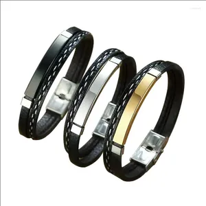 Bangle Couples Insert Punk Wristband Trendy Men Leatherwear Weave Bracelet Color Contrast Stainless Steel Casual Stylish