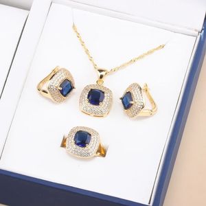Italian 18K Gold Plated Jewelry Set For Women Zircon Blue Classic Design Square Pendant Necklace Earring Adjustable Ring 240130