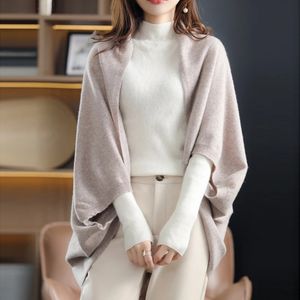 Primavera e outono manga morcego cashmere xale feminino solto malha estilo desleixado 100% lã merino cachecol multifuncional 240123