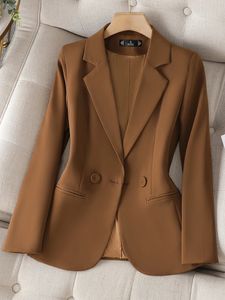 春秋の茶色のブラックブレザーの女性長袖シングル胸部レディースジャケットビジネスワークフォーマルコート240119