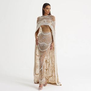 Sharon Said Luxury Pearls Dubai Champagne Evening Dresses with Cape Arabic Women Mermaid Wedding Party Prom Dress SS369 240202