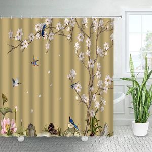Duschvorhänge, Blumen-Vögel-Vorhang-Set, rosa Blumen, Lotuspflanze, chinesischer Stil, Dekor, modernes Polyester-Tuch, Badezimmer mit Haken