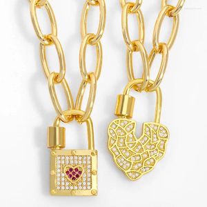 Pendanthalsband Flola Guldfärg Curb Link Chain Padlock för kvinnor CZ Crystal Heart Design Punk Jewelry Gift NKET17