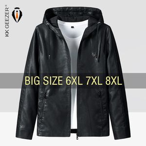 Winter Leather Jacket Men Bomber Oversize Hooded Motorcycle Jackets Plus Size Zipper Coat Black Male Trench Casual 240119