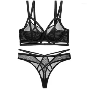 Reggiseni Set Lingerie sexy Ultra-sottile rete trasparente fasciatura reggiseno e perizoma intimo con push up donna intimo bianco nero 2024