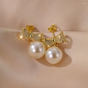 Dangle Earrings Elegant Bow Pearl Zircon Women's Jewelry Accessories Trendy Charming Anniversary Gifts For GirlFriend