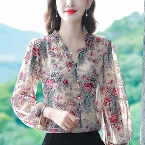 Autumn Casual Floral Printed Tops Lantern sleeve Silk Chiffon blouse shirt Fashion V neck Women clothing 240127