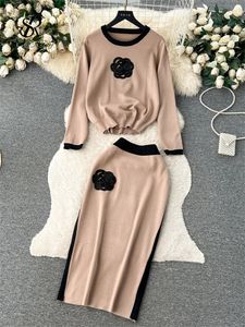SINGREINY Floral Design Gestrickte Anzüge O Neck Lose PulloverMidi Bodycon Rock Koreanischen Stil Frauen Herbst Casual Pullover Sets 240122