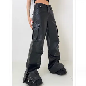 Women's Pants Retro Multi-pocket Leather Trousers Men And Women Dancing Wide-legged