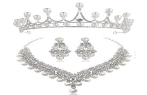 White Crystal Pearl Crown Earrings Necklace Jewelry Sets Bridal Wedding Jewelry Elegant Fashion Cubic Zirconia diamond jewelry7468242