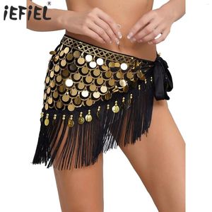 Scen Wear Womens kjol Halloween Belly Dance Lace-up Hip FishScale Sequin Beads Coin Fringe Scarf Wrap Festival Disum