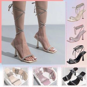 Sandálias Diamante Strap Salto Alto Cor Sólida Toe Quadrado Tamanho Grande Design Senhoras Moda Arco Suporta para Mulheres