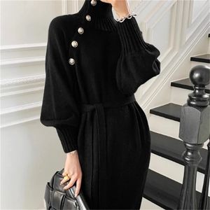 Turtleneck Buttons Lace-up Autumn Winter Elegant Dresses for Women Robe Sweater Maxi Dress Female Thick Knitted Dress 240124