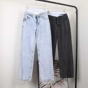 Spring And Summer Elastic Double Waist Jeans Personalized Button Straight Pants Female