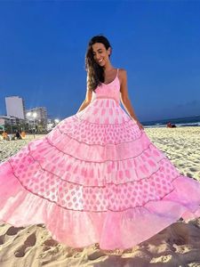 2024 Summer Boch Beach Tryckt Backless Panel Long Dress Womens V-Neck Loose Sleeveless Tank Top Womens Vacation Dress 240210