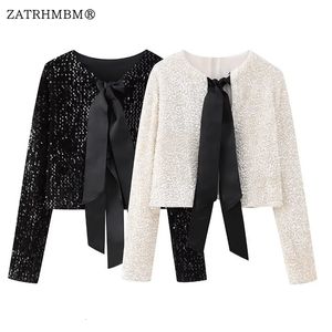 ZATRHMBM Women Autumn Fashion Bow koronkowy płaszcz z kurtką cekinowy Vintage Oneck długie rękawy żeńskie eleganckie topy 240124