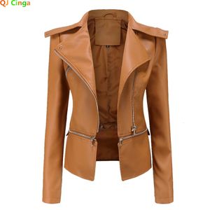 QJ Cinga Yellow Lapel Leather Coat Women's Fashion Casual Pu Jacka Hem kan vara avtagbara kvinnor Faux Leather Jackets S-XXXL 240129