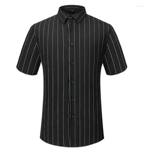 Men's Dress Shirts Vertical Striped Shirt Men Short Sleeve Summer COOL Comfortable Non-iron Stretch Business Social Formal Top White Black