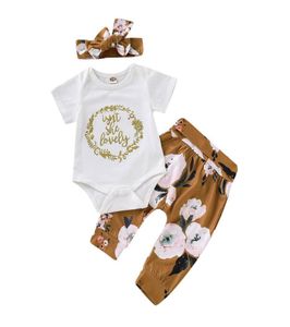 Baby Girl Clothes Set Kids Shorts Passar Summer Girl Letter Shortsleeved Romper Shirt Floral Print Long Pants 3 Piece Set With Head3281466