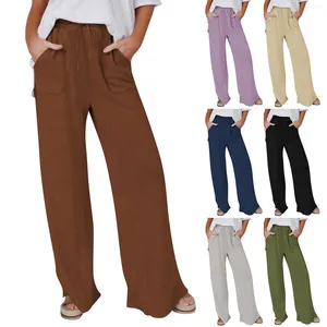 Pantaloni da donna in lino Palazzo estivo Flowy Pantaloni larghi da spiaggia a gamba larga Pantaloni casual con tasche da donna