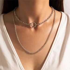 Anhänger Halsketten Mode Silber Farbe Metall Dicke Kette Kristall Runde Halskette Für Frauen Vintage Punk Multilevel Nette Mädchen Geschenk schmuck