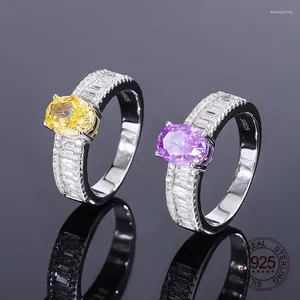 Anéis de cluster 925 jóias de prata esterlina 6x8mm oval amarelo citrino roxo violeta zircônia cúbica anel de banda de casamento para mulheres