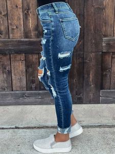 Women Stretch Ripped Jeans Frayed Raw Hem Distressed Denim Pants with Hole