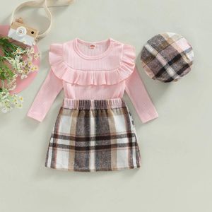 Clothing Sets CitgeeAutumn Kids Toddler Girls Spring Outfit Pink Long Sleeve Ruffle Tops Plaid A-line Skirt Hat Suit