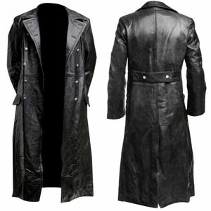 MENS GERMAN CLASSIC WW2 MILITARY UNIFORM OFFICER BLACK REAL LEATHER TRENCH COAT y240130