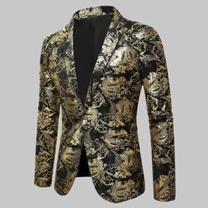 Våren Mens Golden Floral Blazer Coats Business Casual Suit Wedding Dress Gold Men 240125