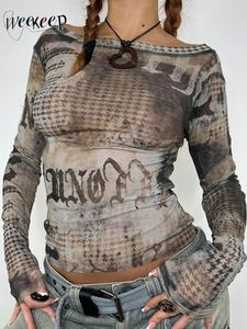 Weekeep Grunge Retro Mesh Crop Top y2k Vintage Print Long Sleeve See Through Sexy Tshirt Clubwear Shirt Fashion Outfits 240127