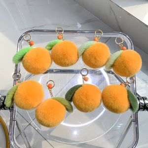 Fluffy Rex Rabbit Fur Keychain Söt plysch Sweet Tangerine Women's Bag Toys Trinket Orange Pendant Upcale Metal Car Key Ring 240122