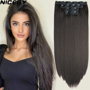 Clipe longo e reto em peruca de cabelo 4pcsset sintético 22 preto marrom escuro mixedcolor fibra resistente ao calor 240130