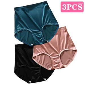 Women's Panties 3PCS Luxury Satin Women Shiny Sexy Seamless Breifs Underwear High Waist Tummy Control Mulberry Silk Crotch Underpants