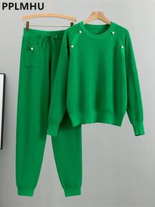 O boyun yakalı kazak 2 adet Setler Kadınlar Günlük Örgü Jumper Kıyafetleri Koreli Örgü Jogger Pants Takım Eşit Tips Conjuntos 240202