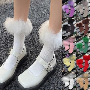 Meias femininas jk lolita botas de penas de pelúcia macia para senhoras pele sintética retalhos guarnição tubo médio meias fantasias de festa cosplay