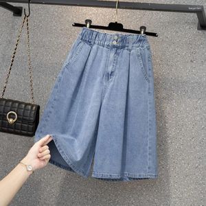 Jeans femininos verão mulheres denim shorts plus size cintura alta perna larga joelho comprimento casual solto senhoras azul s-5xl