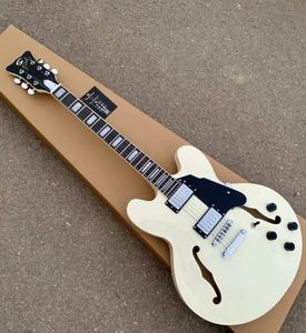 GROTE JAZZ E-Gitarre, 6 Saiten, weiße Farbe, Hohlkörper, Doppel-F-Löcher, Ebenholzgriffbrett, Unterstützung bei der Kostenanpassung, Freeshippings