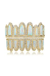 Hip Hop Iced Out Zircon Teeth Grillz Natural Opal Gem Stone Staces Real Gold Plated Tooths4687182