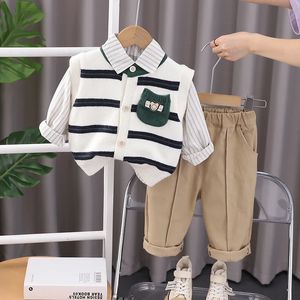 Spring Autumn Children Boy 3PCS Clothes Set Striped Shirt Patch Sweater Vest Solid Cargo Pant Baby Suit Kid Outfits 240122