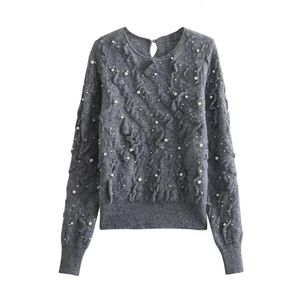 Taop Za Early Spring Product Womens Fashion and Casual Versatile Artificial Pearl Decoration Knitted Pullover Sweater 240127