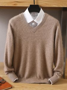 mvlyflet Mens 100 ٪ Mink Cashmere Sweater v-pulovers متماسكة الحجم الكبير في فصل الشتاء قمم طويلة الأكمام الراقية 240202