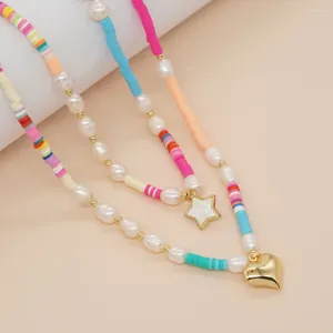 Kedjor bohemisk stil flicka halsband med kontrasterande mjuk lera pärla pentagram hjärthänge pärlor kvinnor