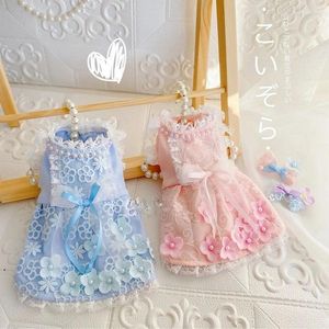 Odzież dla psów Unikalne ręcznie robione ubrania Pet Zapasy Dress Bawełna One Piece Orange Pink Tiul Lace 3d Little Flowers Fairy Princess