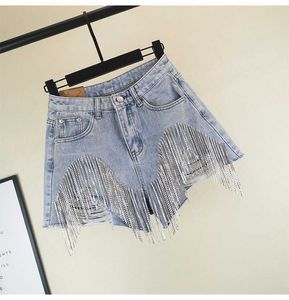 Womens Heavy Rhinestone Fringed Hole Jeans Shorts Female High Waist Summer Fashion Wide Leg Denim Shorts