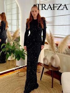 Casual Dresses TRAFZA Woman Elegant Chic Sequins Sexy Backless Long Sleeves Women Rear Dress Formal Prom Wedding Party Gowns