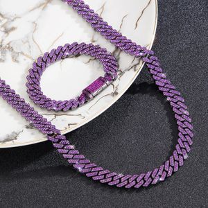 12mm Diamond Purple Cross Cuban Chain med 2 rader med Ice Out Rhinestone Rapper -halsband för män och kvinnor 240210